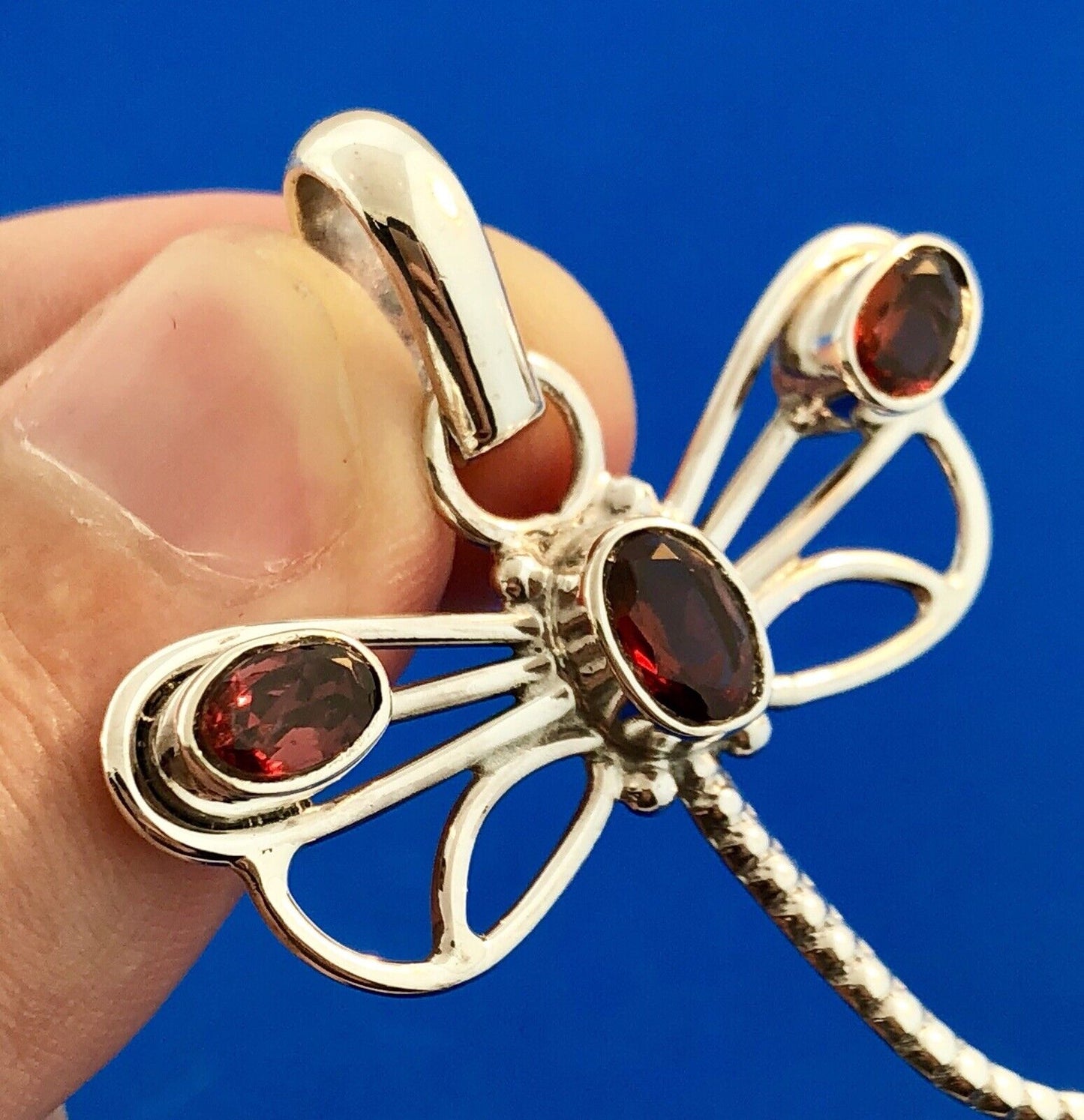 Sterling Silver 925 Garnet 3D Open Work Dragonfly Insect Statement Pendant
