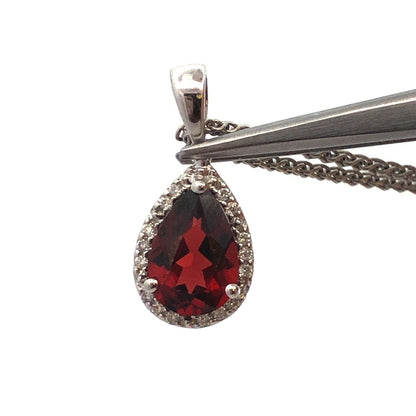 Designer 14K White Gold Pear Garnet Diamond Halo Drop Pendant Necklace