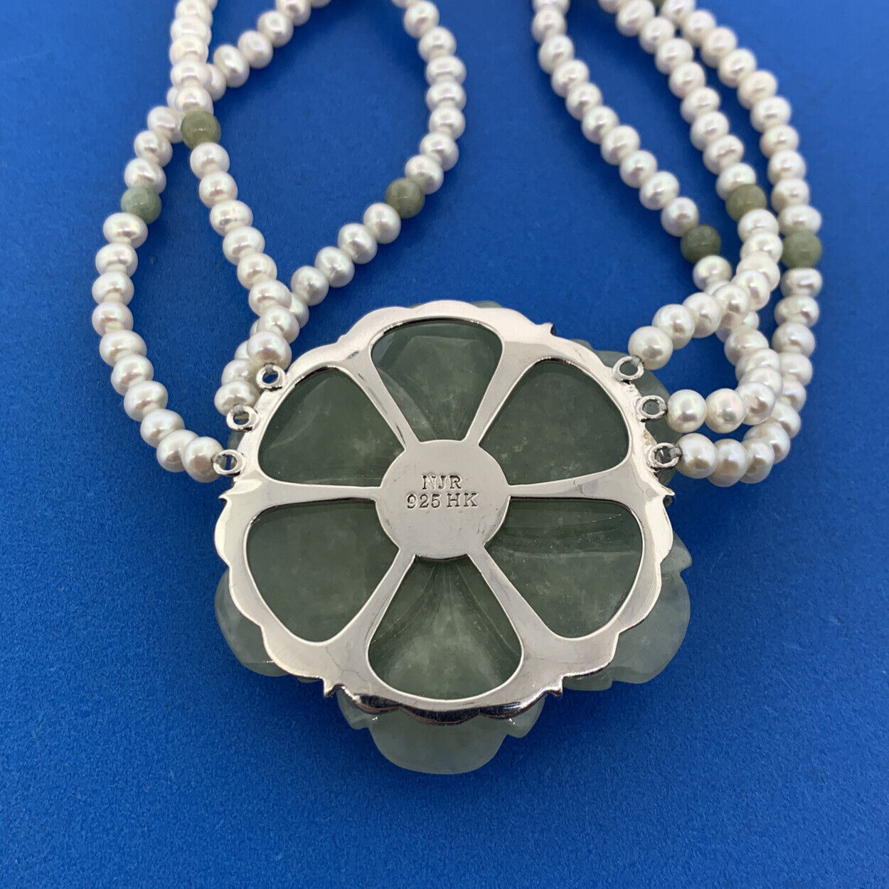 Designer Sterling Silver Carved Jade Pearl Pink Tourmaline Statement Necklace