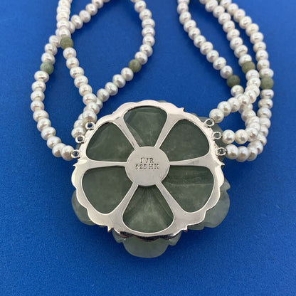 Designer Sterling Silver Carved Jade Pearl Pink Tourmaline Statement Necklace