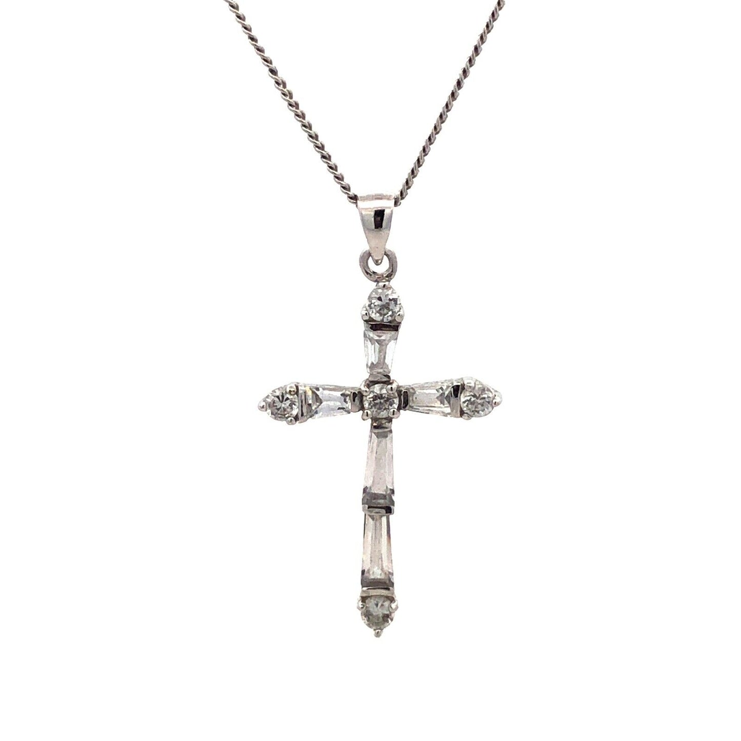 Designer 925 Sterling Silver Cubic Zirconia Cross Pendant Chain Necklace