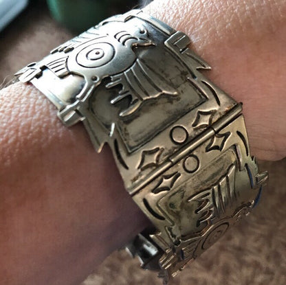 Mexico Sterling Silver 925 3D Peyote Design Four Panel Hinged Cuff Bracelet