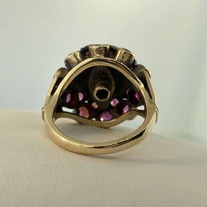 Art Deco 10K Yellow White Gold Ruby Cluster Princess July Anniversary Ring