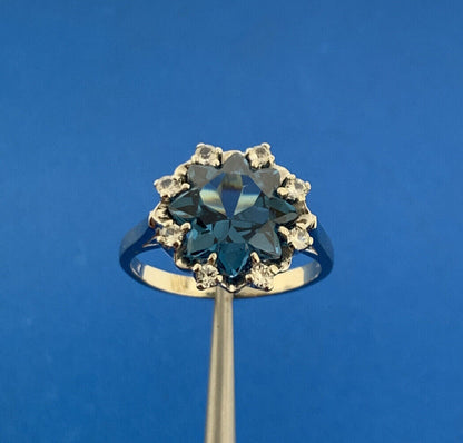 Designer 10K White Gold Blue Topaz Solitaire White Topaz Halo Anniversary Ring