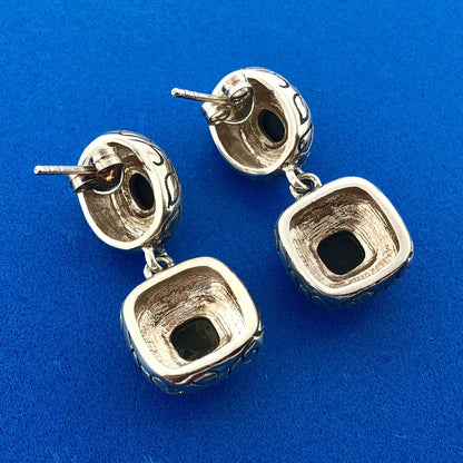 Vintage 925 Sterling Silver Black Onyx Leaf Scroll Balinese Drop Dangle Earrings