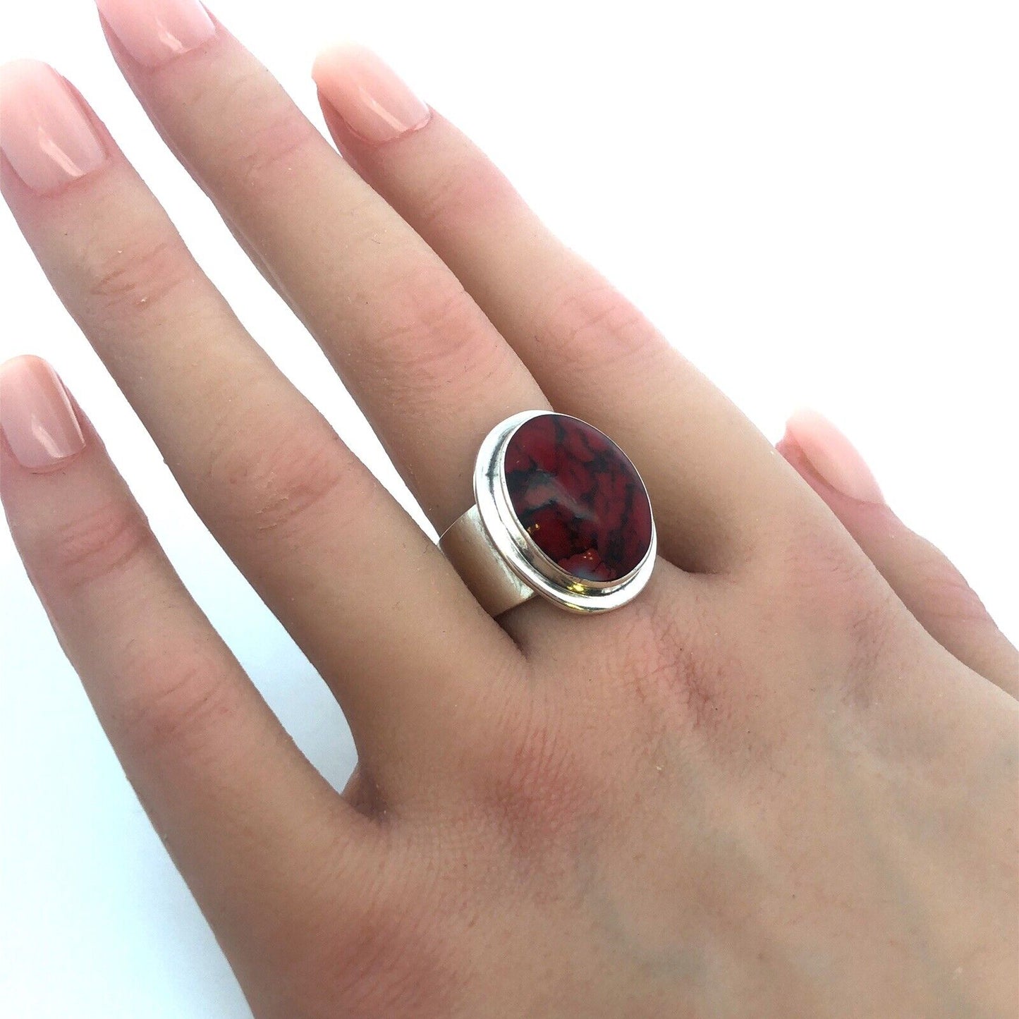Designer ATI Mexico Sterling Silver Brecciated Jasper Cabochon Statement Ring