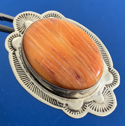 Native American Sterling Silver Oval Orange Spiny Turquoise Concho Pin Brooch