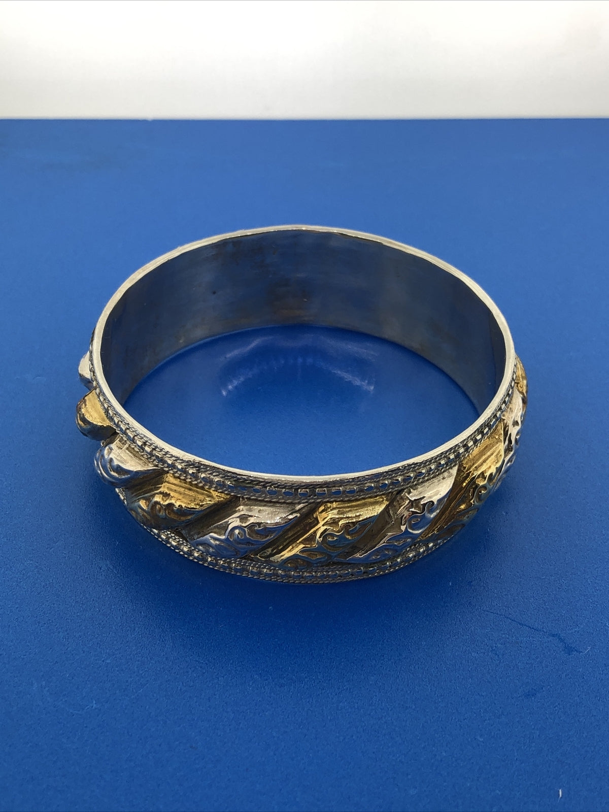 Artisan Two Tone Silver Plate Brass Stamped Beaded Wide Bangle Bracelet