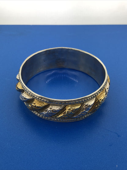 Artisan Two Tone Silver Plate Brass Stamped Beaded Wide Bangle Bracelet