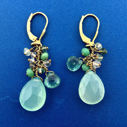 India Sterling Silver Vermeil Green Blue Opalescent Beads Drop Dangle Earrings