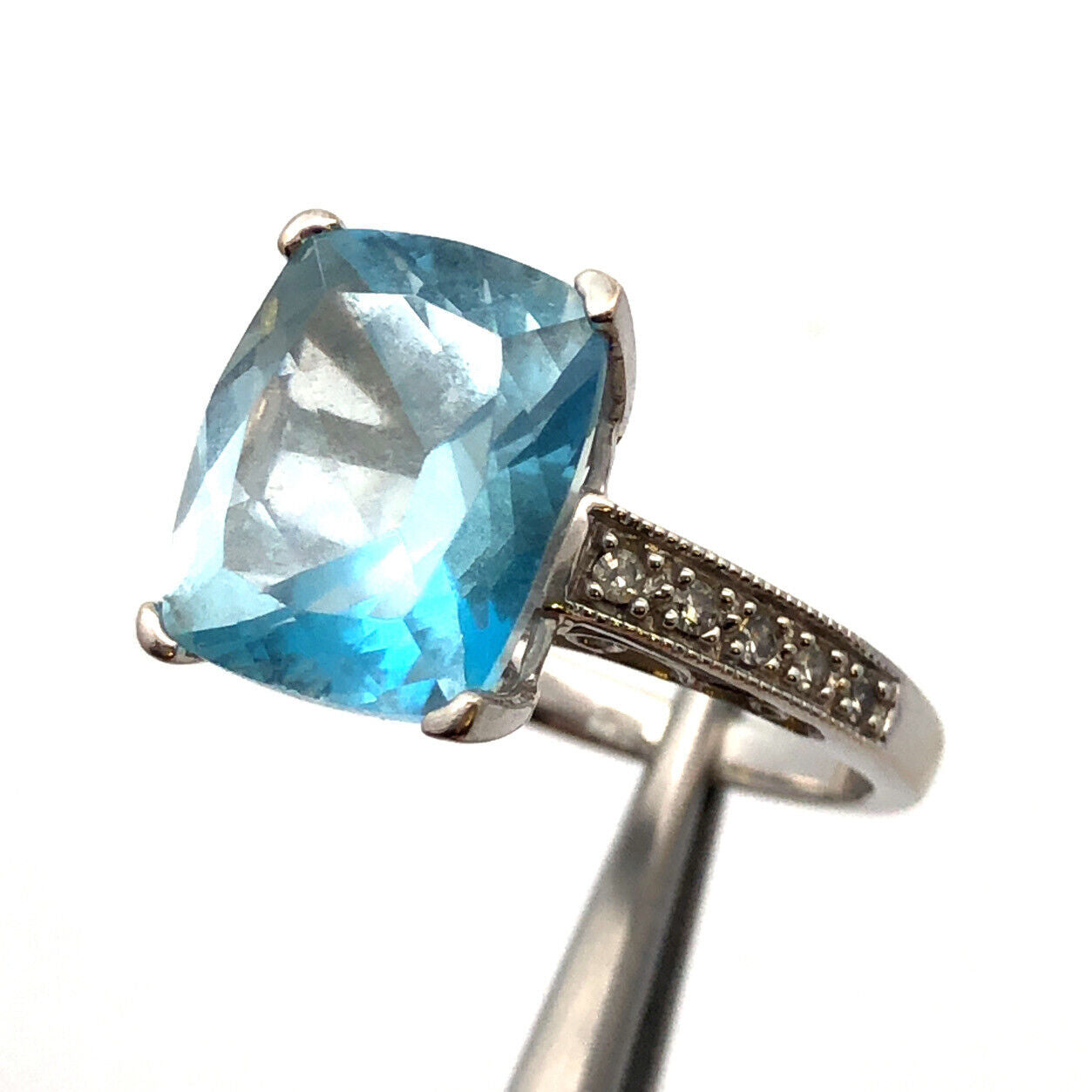 Designer 14K White Gold Radiant Cushion Cut Blue Topaz Diamond Accented Ring