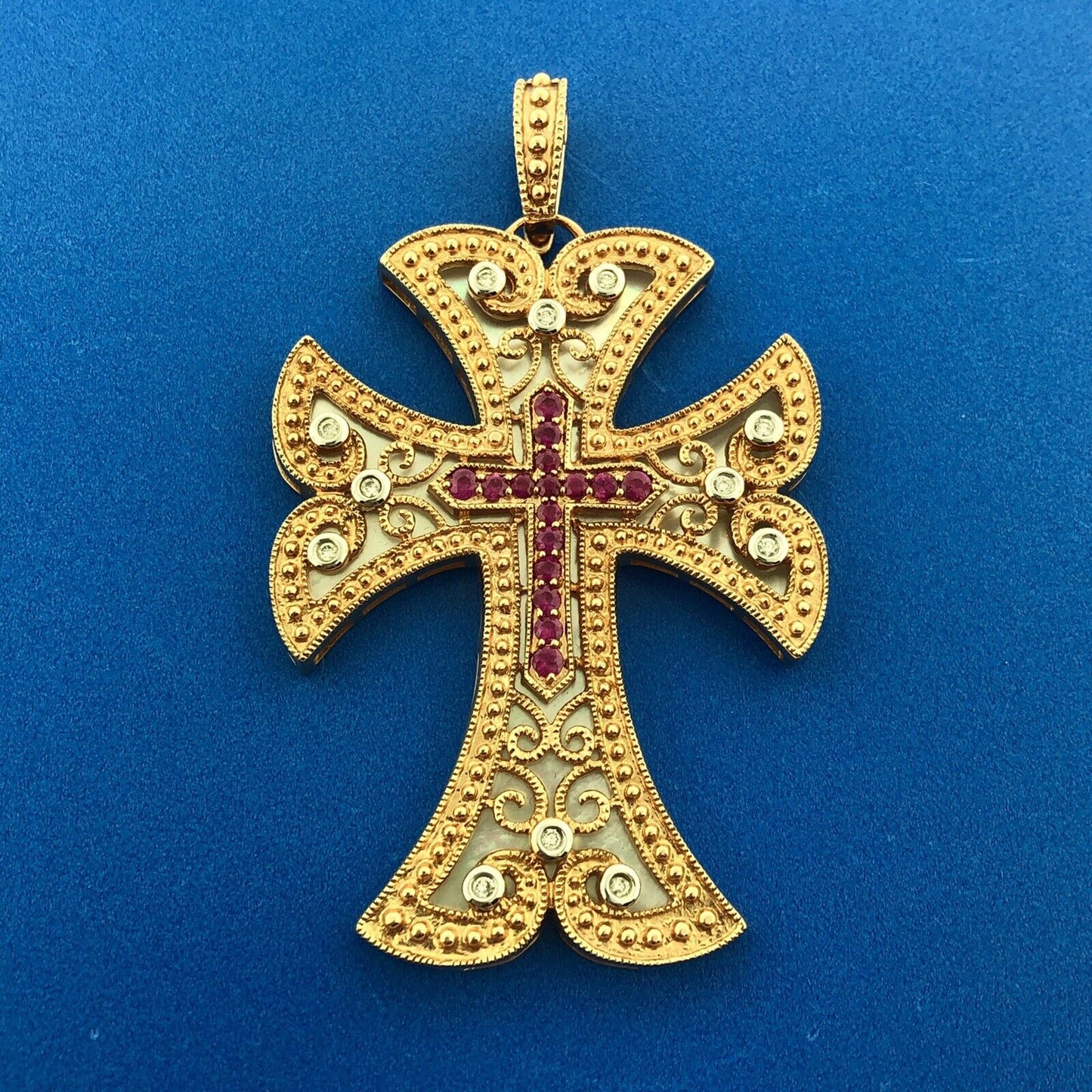 14k Yellow Gold Diamond Ruby Mother of Pearl Reversible Cross Enhancer Pendant