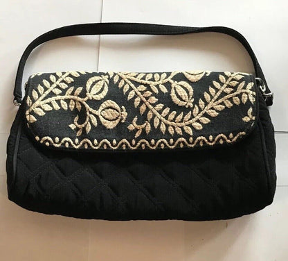 Vera Bradley Black Quilted Microfiber White Embroidered Clutch With Straps