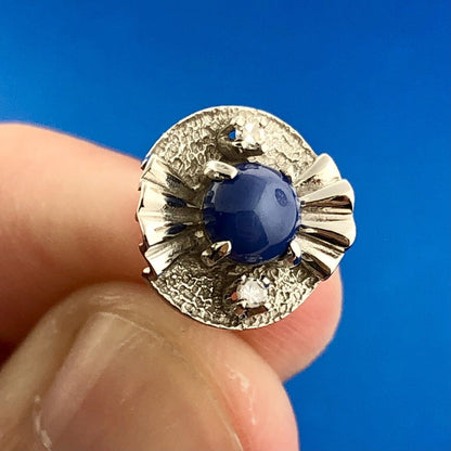 Mid Century 14K White Gold Blue Star Sapphire Diamond Textured Stud Earrings