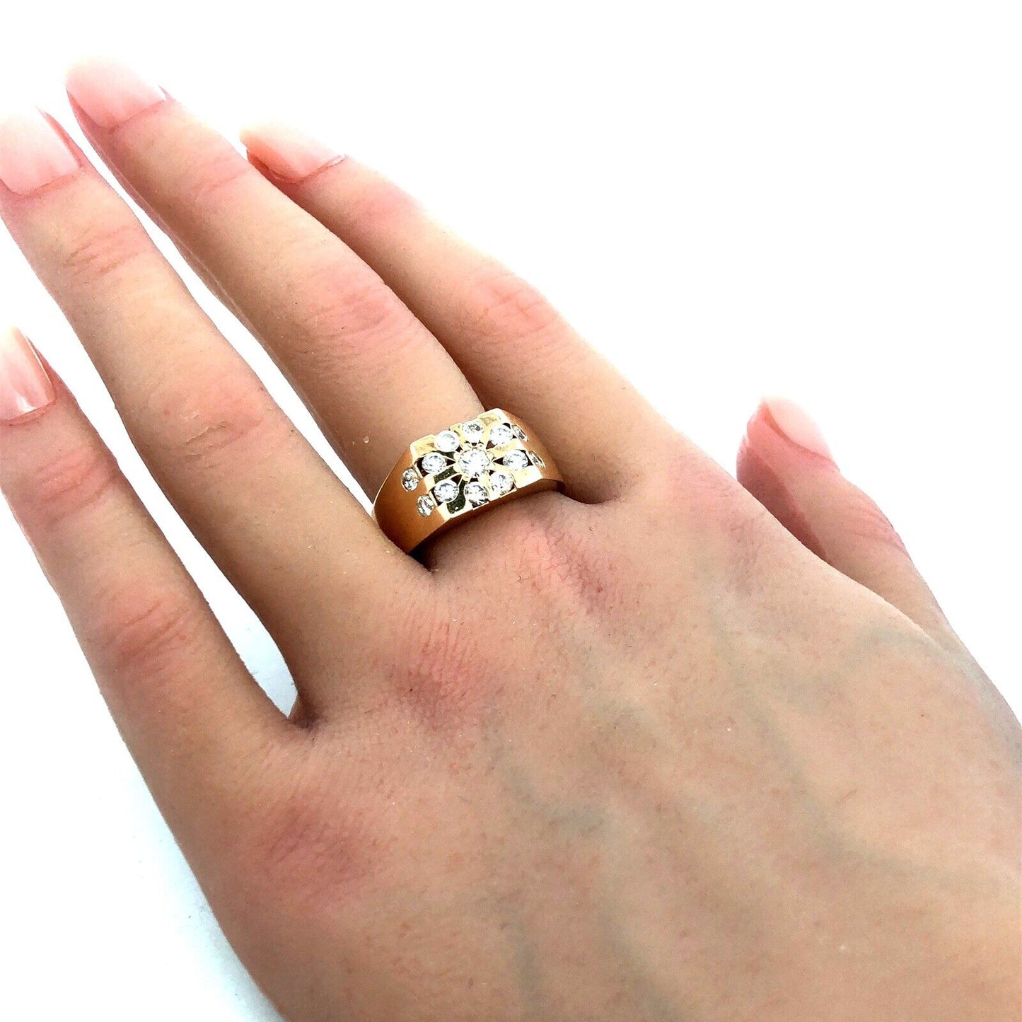 Estate Unisex 14K Yellow Gold Round Diamond Cluster Flower Square Statement Ring