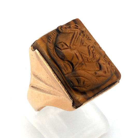 Vintage Men's 10K Yellow Gold Carved Intaglio Tiger's Eye Roman Textured Ring