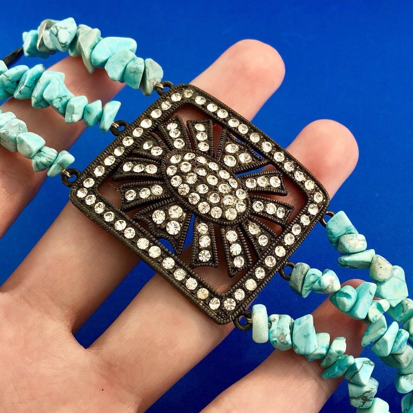 Dark Tone Metal Faux Turquoise Rhinestone Glass Three Strand Statement Bracelet