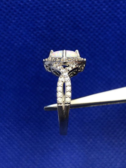 Designer SUN 925 Sterling Silver Opal Diamond Accented Size 6 Statement Ring