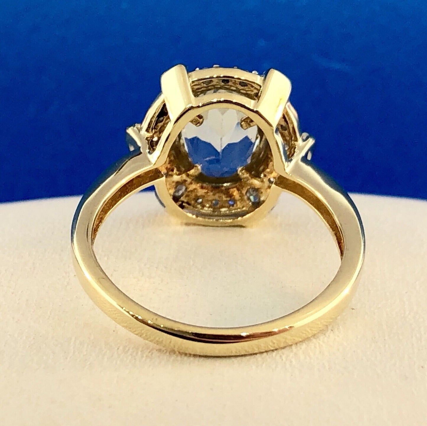 Designer 10K Yellow Gold Aquamarine Diamond Halo March Birthday Anniversary Ring