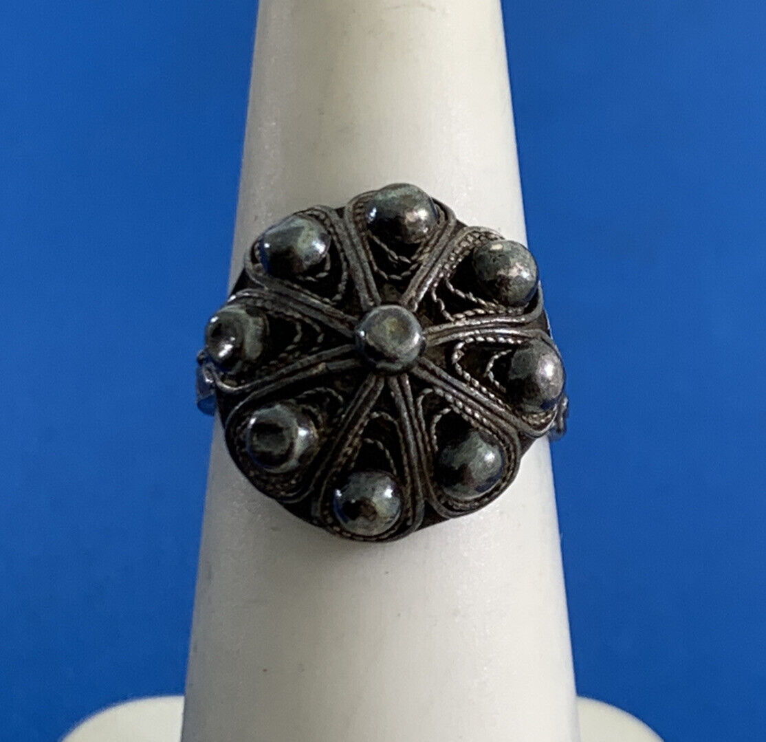 Retro 925 Sterling Silver Filigree Floral Etched Floral Dome Ring