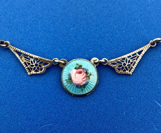 Victorian Sterling Silver 925 Guilloche Enamel Rose Filigree Childs Necklace
