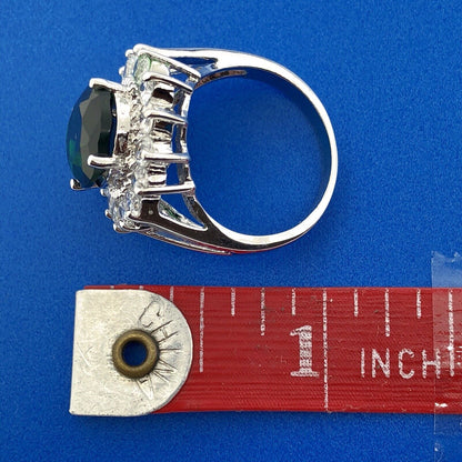 Retro Sterling Silver 925 Green White CZ Statement Fashion Cocktail Ring