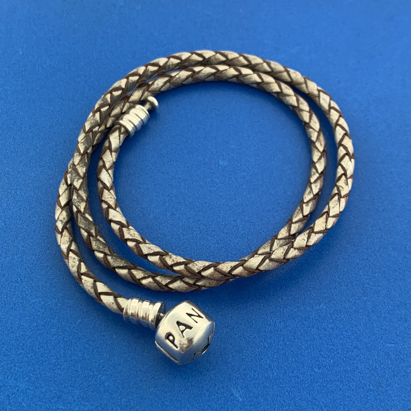 PANDORA 925 Sterling Silver Double Woven Champagne Leather Bracelet 590705CPL-D