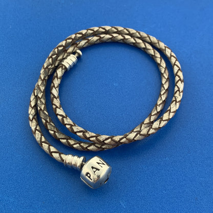PANDORA 925 Sterling Silver Double Woven Champagne Leather Bracelet 590705CPL-D