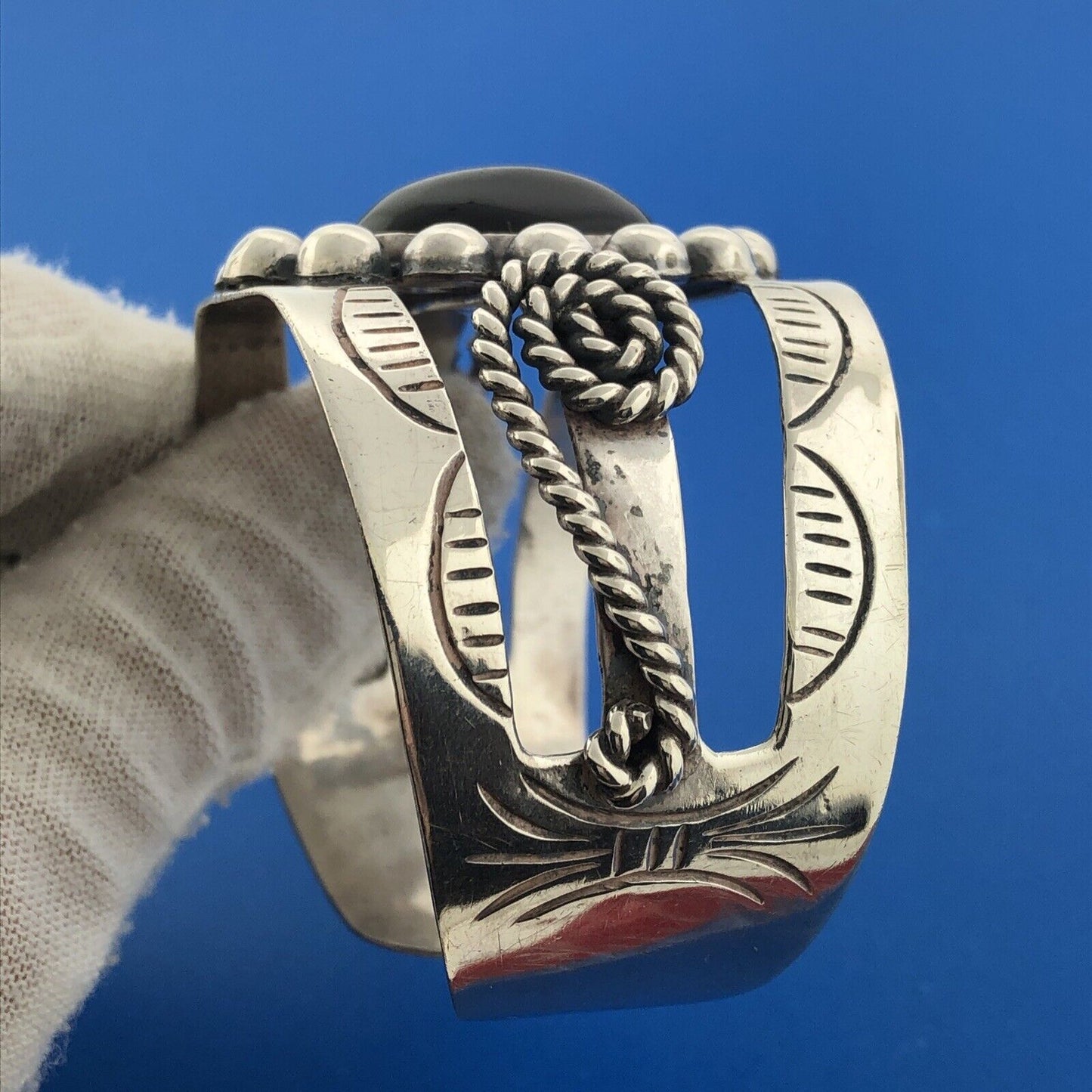 Estate Mexico 925 Sterling Silver Oval Black Onyx Concho Statement Cuff Bracelet