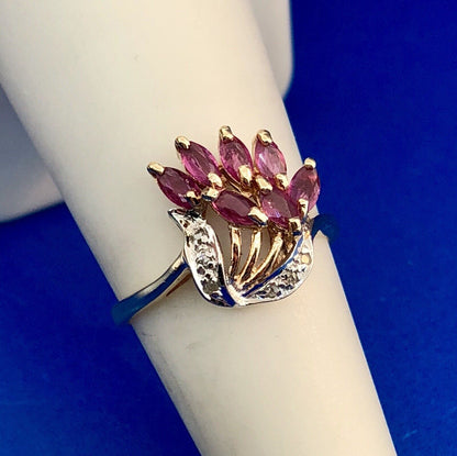 Vintage Designer THL 10K Yellow Gold Pink Spinel Diamond Cluster Cocktail Ring