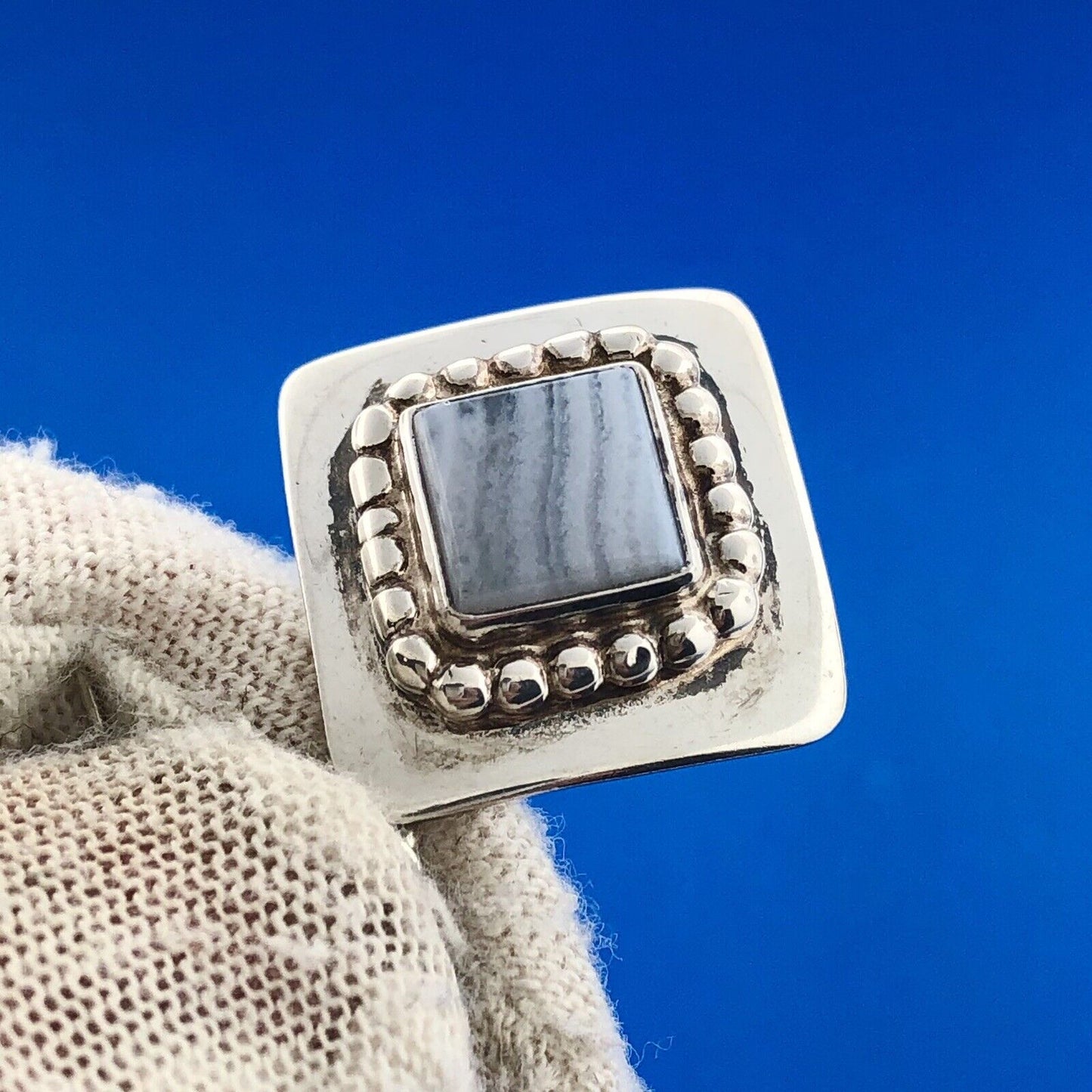 Lovely Sterling Silver 925 Cabochon Gray Lace Agate Square Dangle Hook Earrings