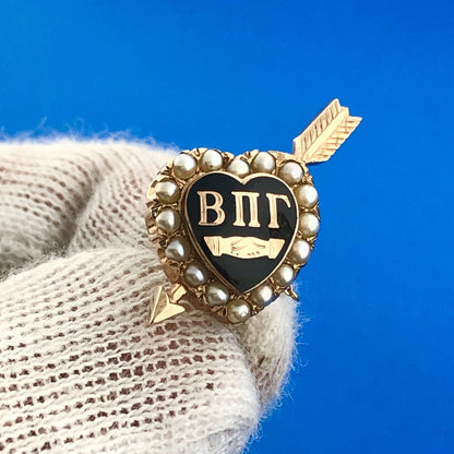 14k Yellow Gold Black Enamel Shell Pearl Beta Pi Gamma Arrow Heart Greek Pin