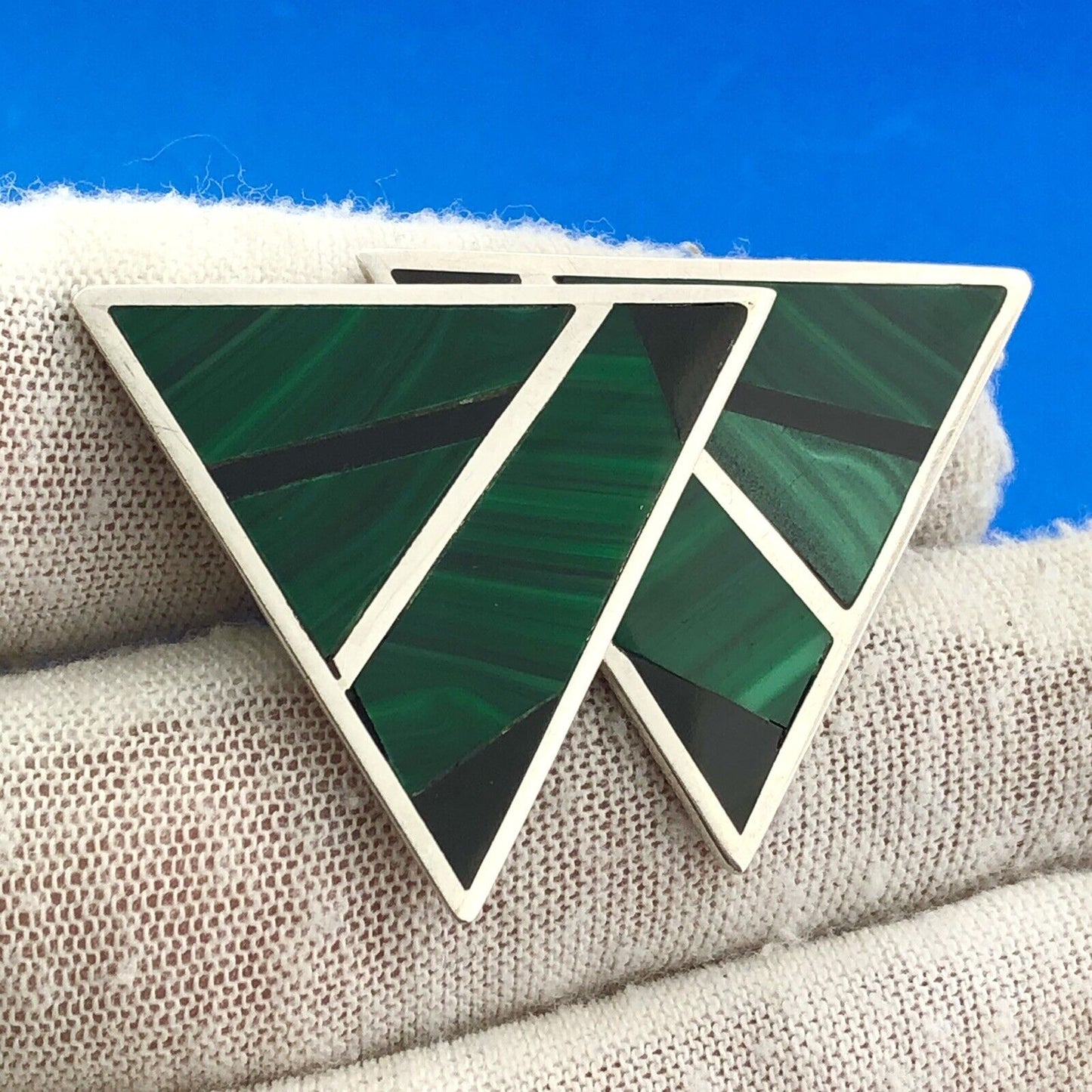 Vintage Sterling Silver 925 Modernist Malachite Onyx Statement Clip Earrings