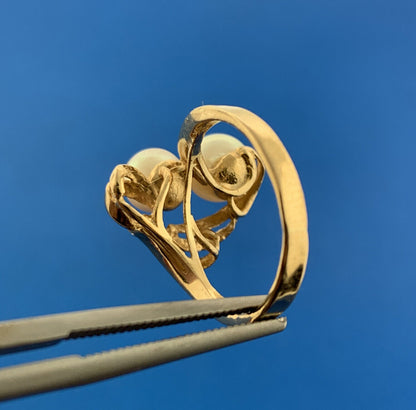 Estate 14K Yellow Gold Pearl Diamond Accented Modernist June Anniversary Ring