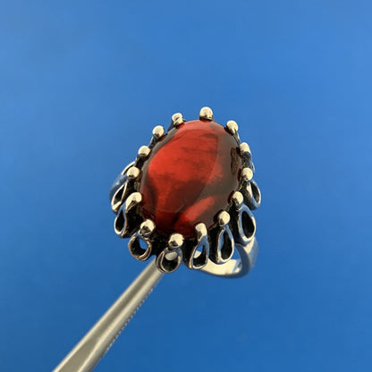 Vintage Kabana 925 Sterling Silver Red Mother Of Pearl Doublet Bead Scroll Ring