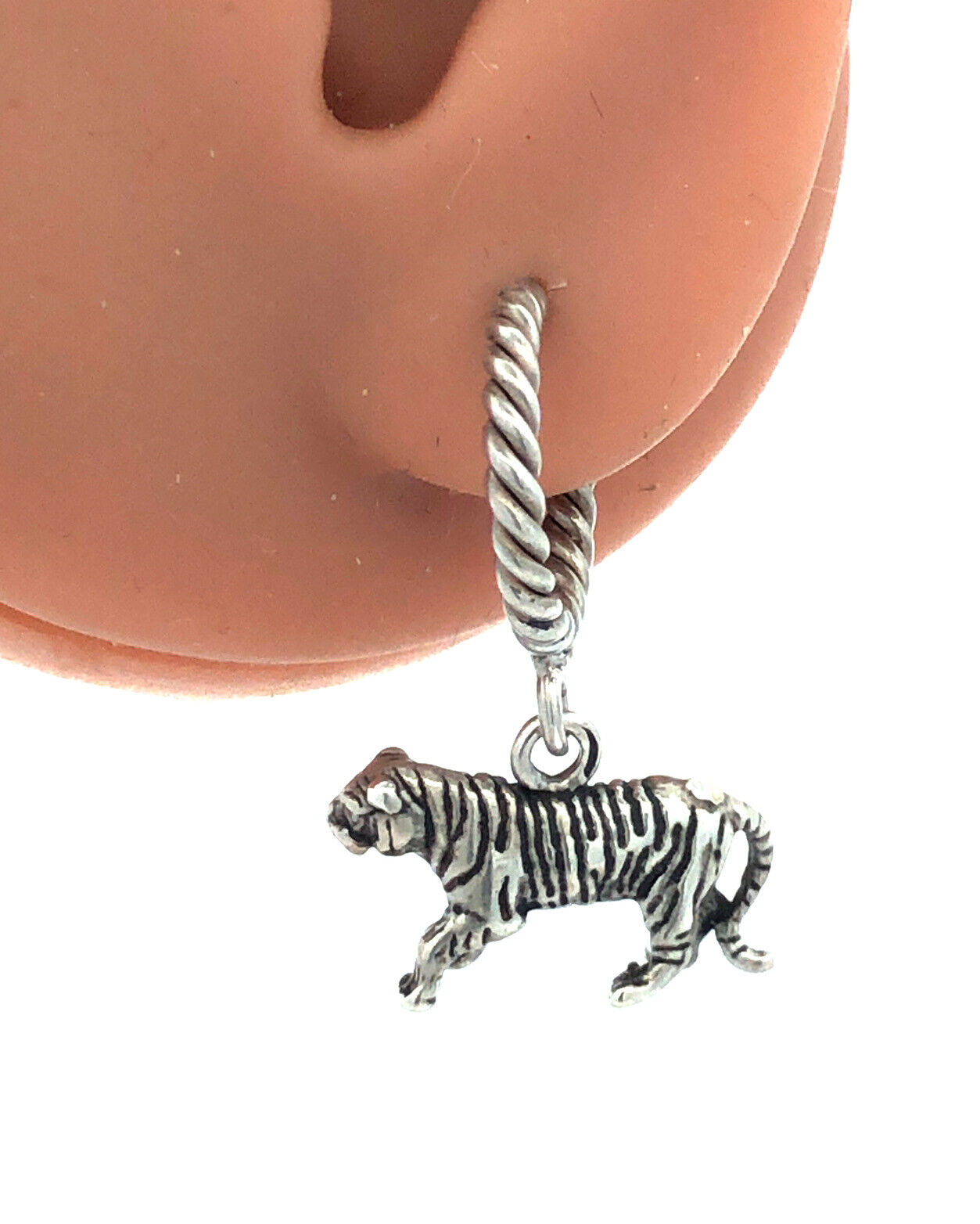 925 Sterling Silver 3D Tiger Dangle Stud Round Hoop Earrings