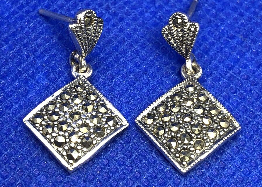 Designer Marcasite 925 Sterling Silver Square Drop Dangle Stud Earrings