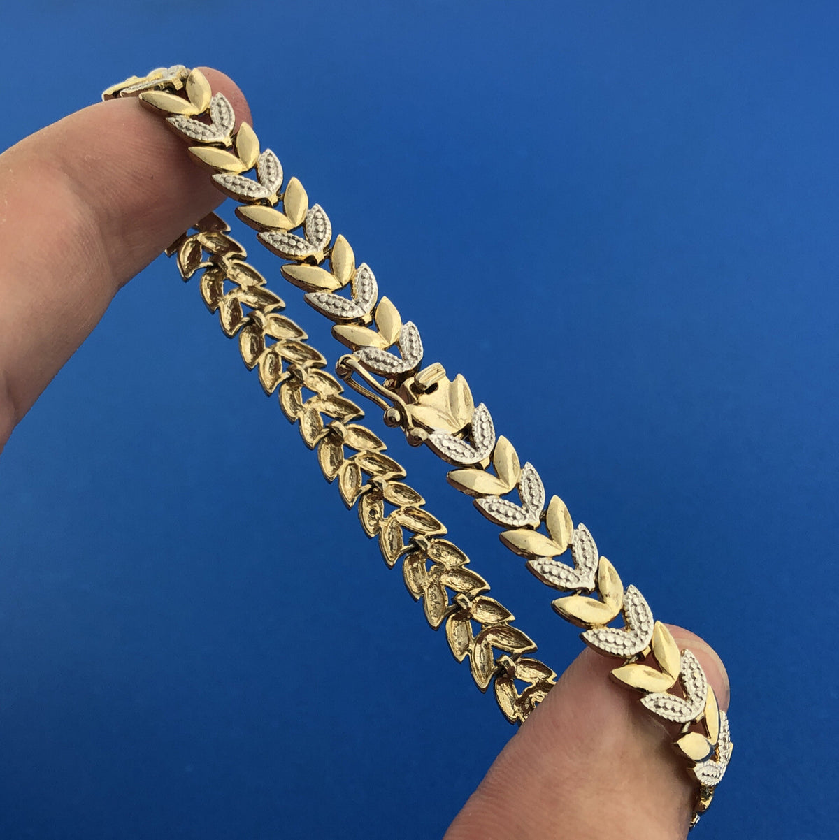 FAS 925 Sterling Silver Vermeil Two Tone Leaf Vine Panel Tennis Bracelet