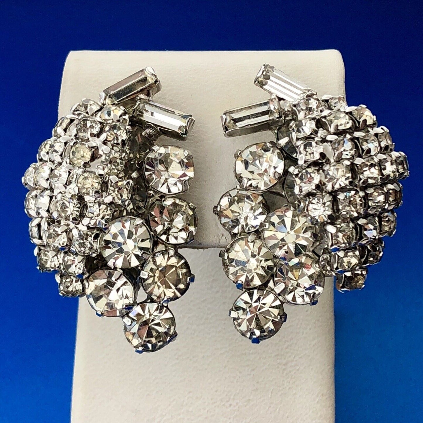 Retro Haute Couture Silver Tone Rhinestone Grape Cluster Statement Clip Earrings