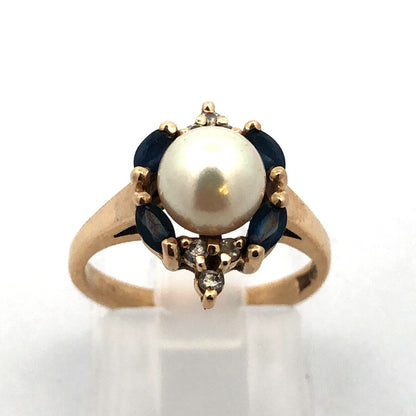 Designer 14K Yellow Gold Pearl Solitaire Sapphire Diamond Accented Cocktail Ring