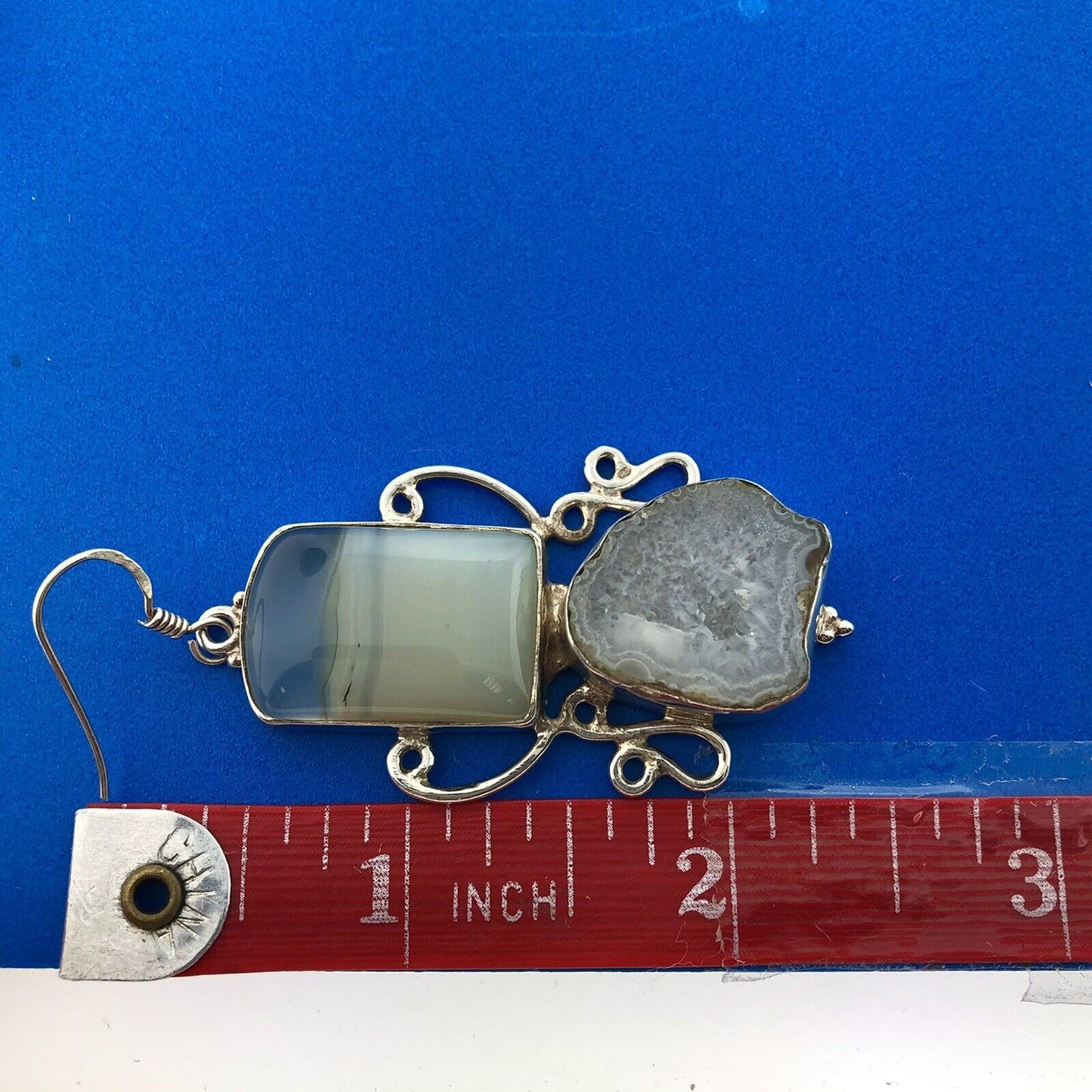 Sterling Silver 925 Banded Agate Grey Druzy Quartz Statement Dangle Earrings