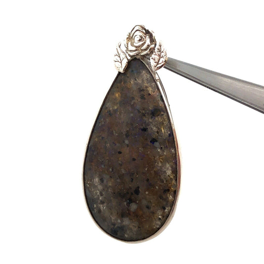 Vintage 925 Sterling Silver Pear Black Opal Flower Detail Statement Pendant