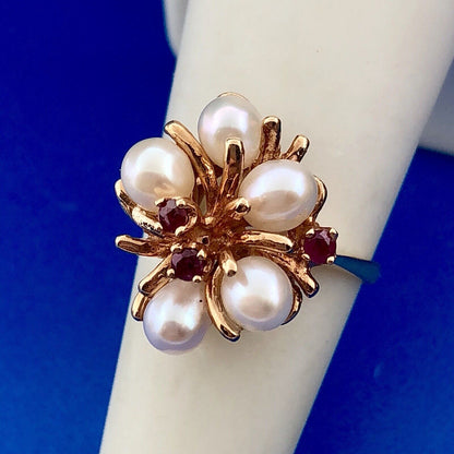 Vintage 14k Yellow Gold Ruby Pearl Cluster Modernist Free Form Cocktail Ring