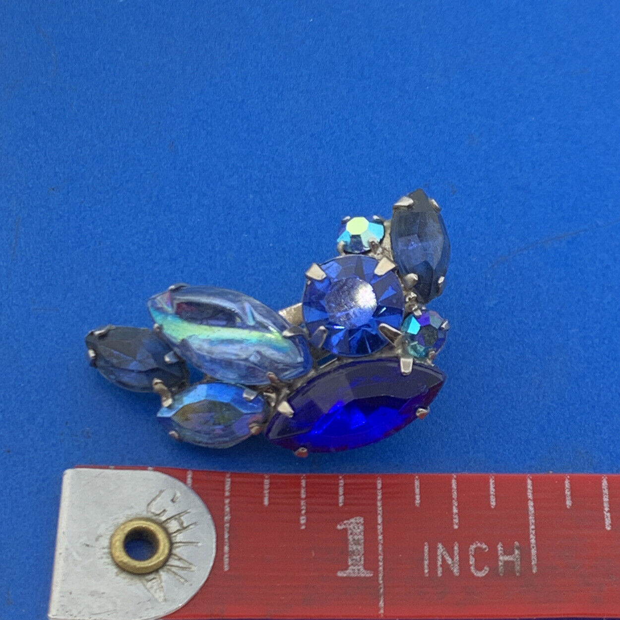 Mid Century Silver Tone Blue Aurora Borealis Rhinestone Brooch & Earrings Set