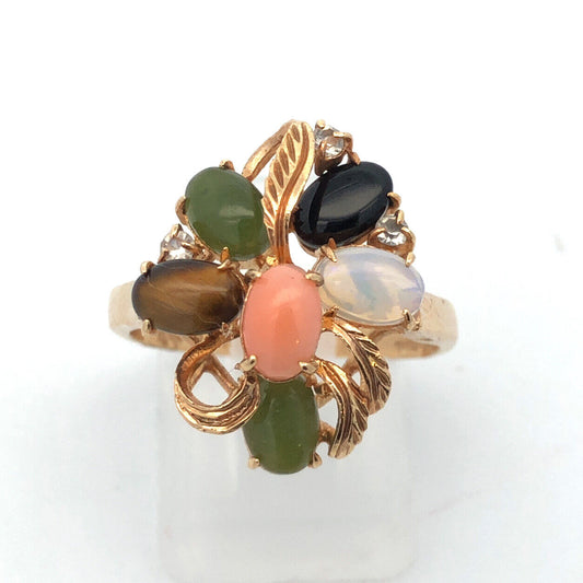 Vintage 18K Yellow HGE Multi Gemstone Floral Cluster Statement Cocktail Ring