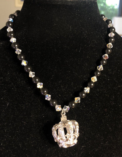 Hand Made Silver Tone Black White Beaded Crystal Rhinestone Royal Crown Necklace