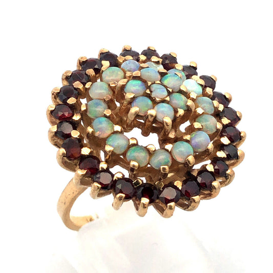 Lovely 14k Yellow Gold White Opal Garnet Floral Circle Cluster Dome Ring Size 7