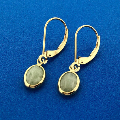 Designer Mexico 14K Yellow Gold Oval Green Chalcedony Lever Hook Dangle Earrings