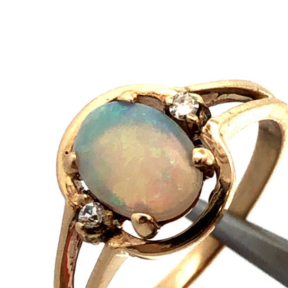 Designer JCE 10K Yellow Gold Oval White Opal Diamond October Birthstone Ring