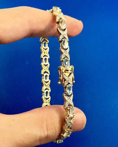 Designer DBJ Sterling Silver 925 Vermeil Blue Topaz Diamond X O Tennis Bracelet